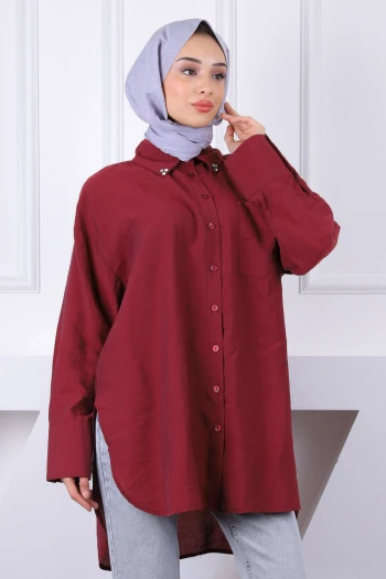 Bordo Yaka Taşlı Tel Cepli Oversize Tunik