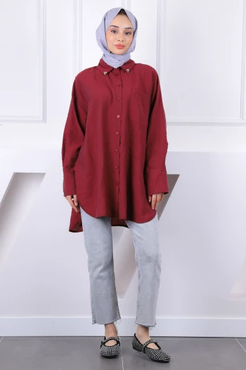 Bordo Yaka Taşlı Tel Cepli Oversize Tunik