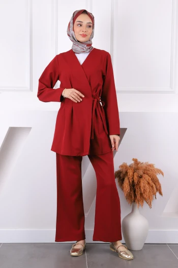 Bordo Yan Bağlamalı Tunik Pantolonlu Takım