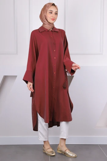 Bordo Yarasa Kol Püskül Detaylı Tunik