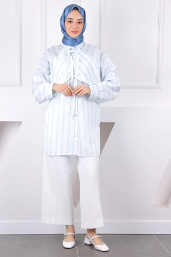 Ekru Çizgili Yaka Detaylı Gömlek