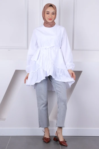 Ekru Eteği Katlı Fırfırlı Tunik