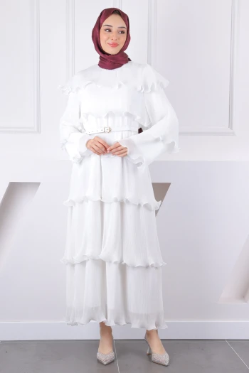 Ekru Katlı Piliseli Kemerli Şifon Abiye