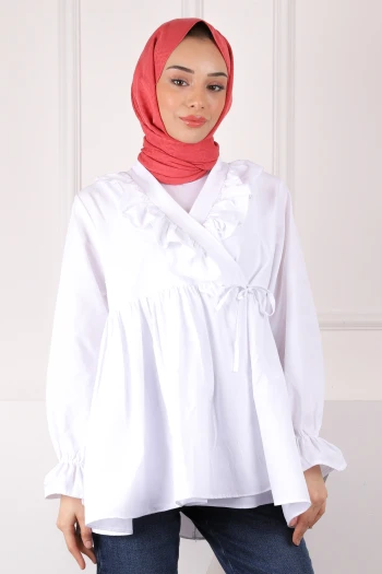 Ekru Yaka Fırfırlı Kimono
