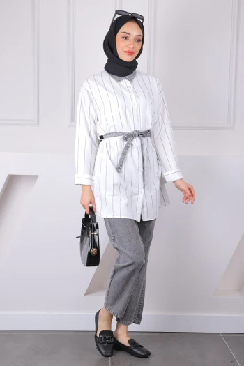 Füme Bel Kuşaklı Kot Garnili Tunik Pantolonlu Takım