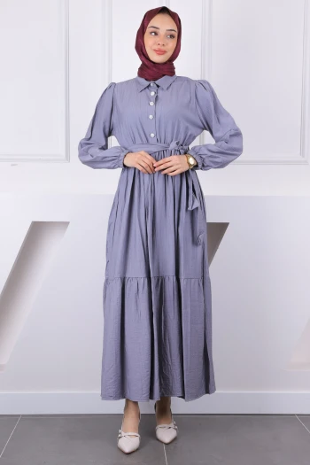 Füme Bel Lastikli Kuşaklı Modal Elbise