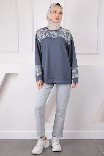 Füme Tül Çiçek Garnili Modal Sweat