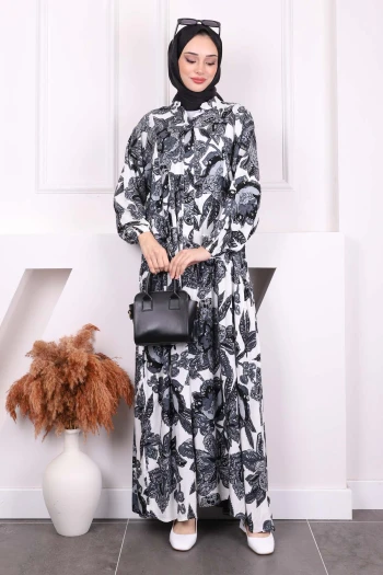 Füme Yarım Düğmeli Eteği Katlı Viscon Elbise