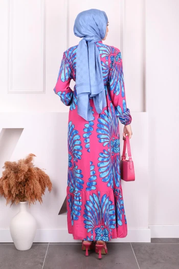 Fuşya Desenli Eteği Katlı Viscon Elbise