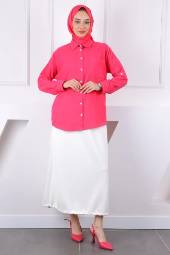 Fuşya Kolu Katlı Düğmeli Gömlek