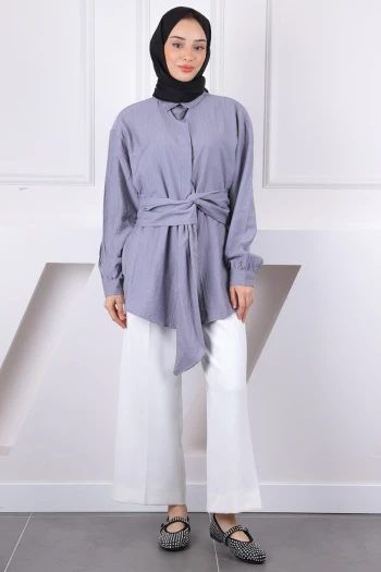 Gri Bel Kuşaklı Modal Gömlek