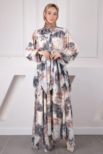 Gri Bel Kuşaklı Şifon Elbise