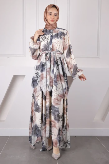 Gri Bel Kuşaklı Şifon Elbise