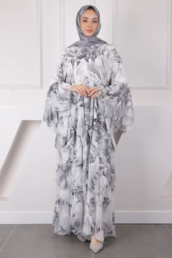 Gri Desenli Eteği Katlı Şifon Elbise