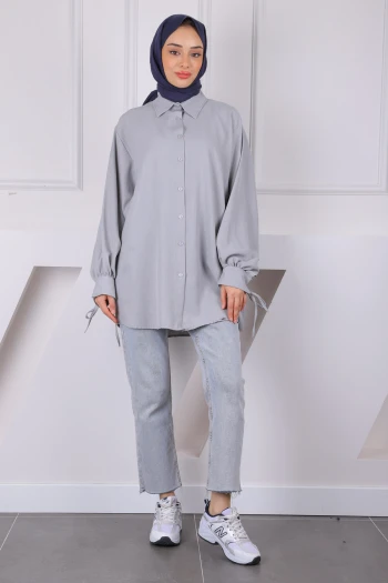 Gri Kol Bağlamalı Keten Tunik