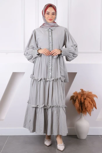 Gri Önü Nakışlı Bel Kuşaklı Elbise