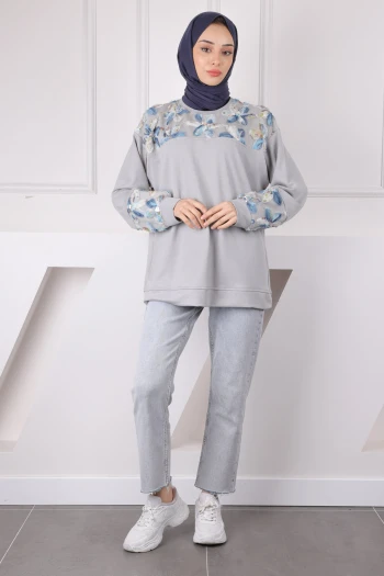 Gri Tül Çiçek Garnili Modal Sweat