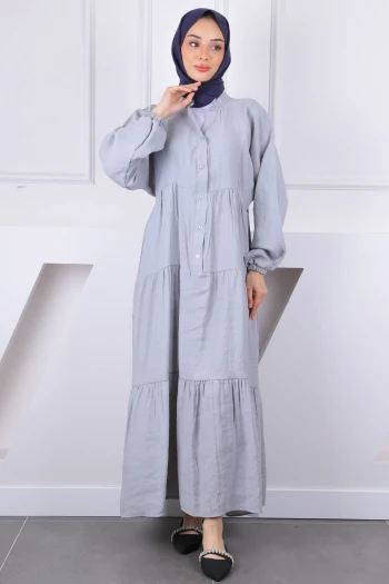 Gri Yarım Düğmeli Modal Elbise