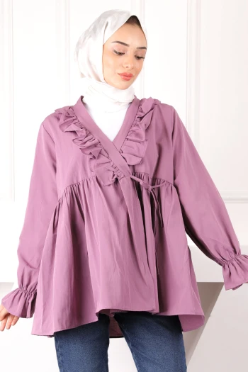 Gül Kurusu Yaka Fırfırlı Kimono