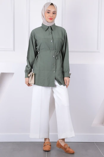 Haki Bel Kuşaklı Gömlek
