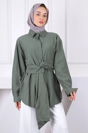 Haki Bel Kuşaklı Modal Gömlek