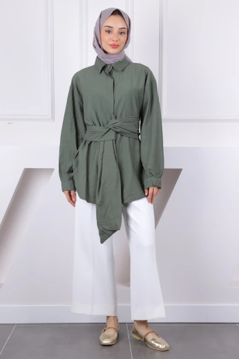 Haki Bel Kuşaklı Modal Gömlek