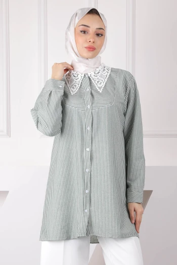 Haki Çizgili Yaka Dantelli Tunik