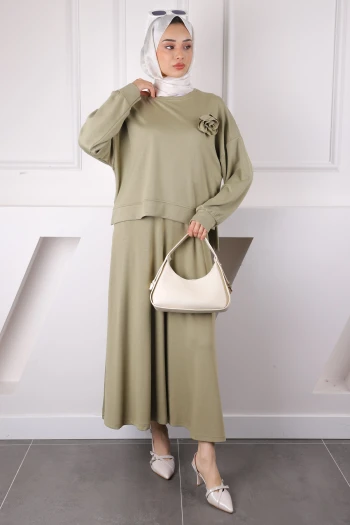 Haki Gül Aksesuarlı Modal Sweat Etekli Takım