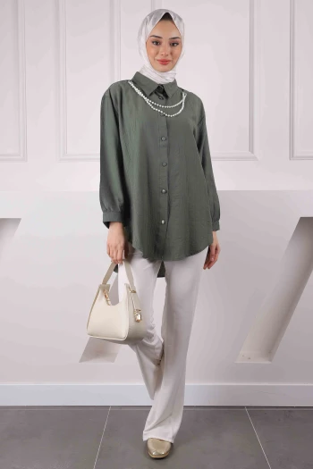 Haki İnci Kolyeli Gömlek