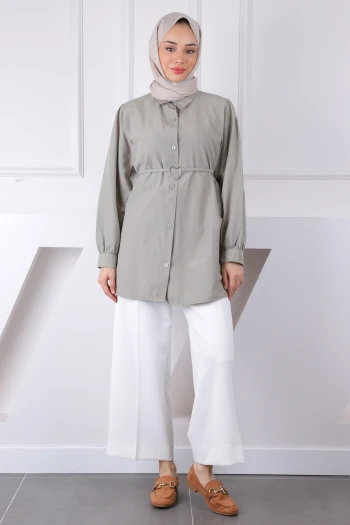 Haki Kuşaklı Düğmeli Tunik