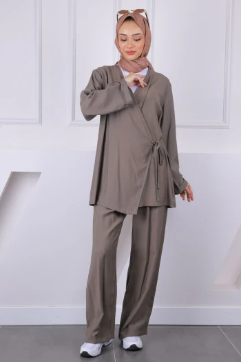Haki Ön Bağlamalı Kimono Pantolonlu Takım