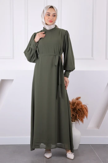 Haki Yaka Fırfırlı Kuşaklı Şifon Elbise