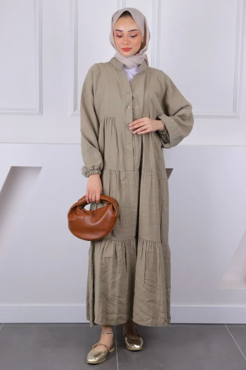 Haki Yarım Düğmeli Modal Elbise