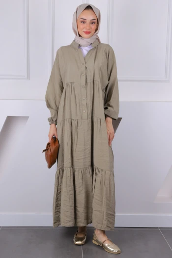 Haki Yarım Düğmeli Modal Elbise