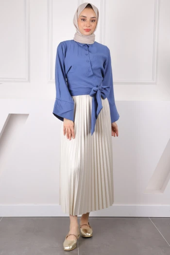 İndigo Bel Bağlamalı Crop Gömlek