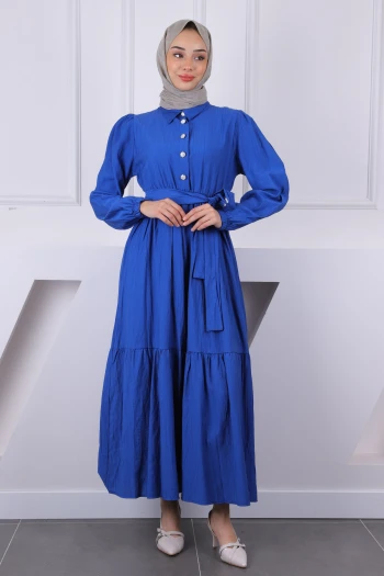 İndigo Bel Lastikli Kuşaklı Modal Elbise