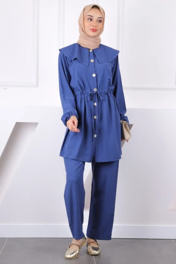 İndigo Beli Bağlamalı Tunik Pantolonlu Takım