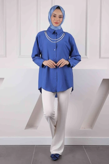 İndigo İnci Kolyeli Gömlek