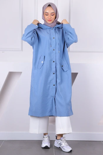 İndigo Kapüşonlu Çıçıtlı Kap