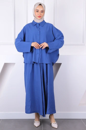 İndigo Yarasa Kol Modal Gömlek Etekli Takım