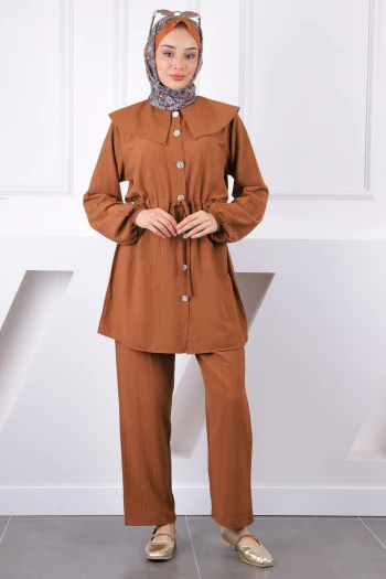 Kahverengi Beli Bağlamalı Tunik Pantolonlu Takım