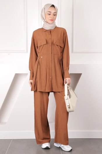 Kahverengi Cepli Tunik Pantolonlu Takım