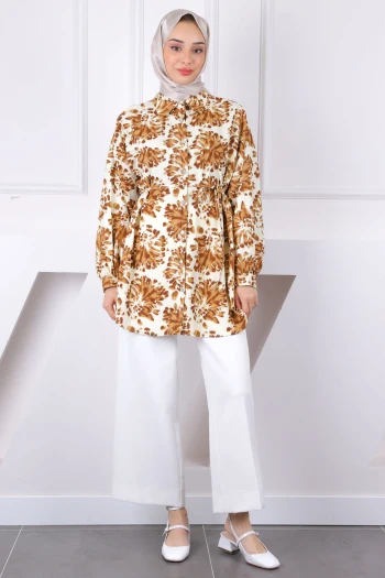 Kahverengi Desenli Düğmeli Tunik