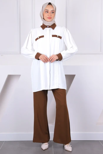 Kahverengi Düğmeli Tunik Pantolonlu Takım