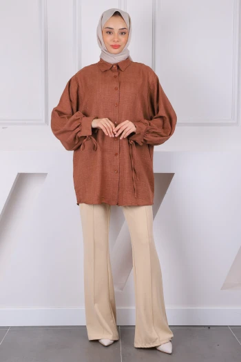 Kahverengi Kol Bağlamalı Keten Tunik