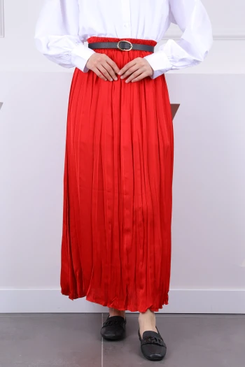 Kırmızı Beli Lastikli Saten Kıraş Etek