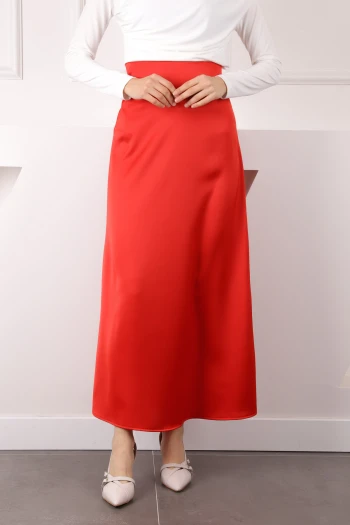 Kırmızı Yan Fermuarlı Saten Kloş Etek