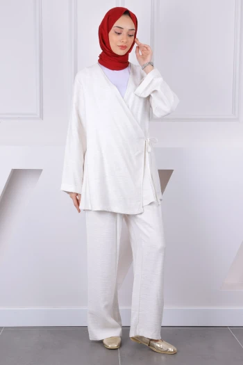 Krem Ön Bağlamalı Kimono Pantolonlu Takım