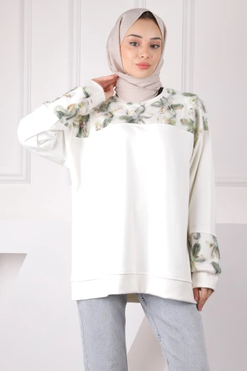 Krem Tül Çiçek Garnili Modal Sweat