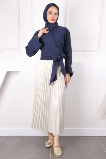 Lacivert Bel Bağlamalı Crop Gömlek
